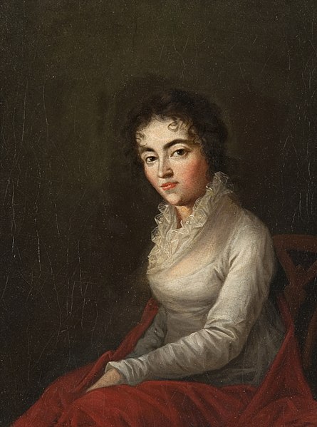 Oil painting of a small white woman with dark eyes and dark curly hair, wearing a pale dress with a ruffled collar and a red shawl.